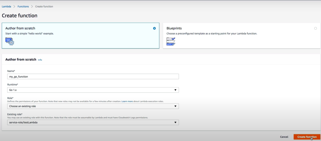 Aws Create New Function Select Go